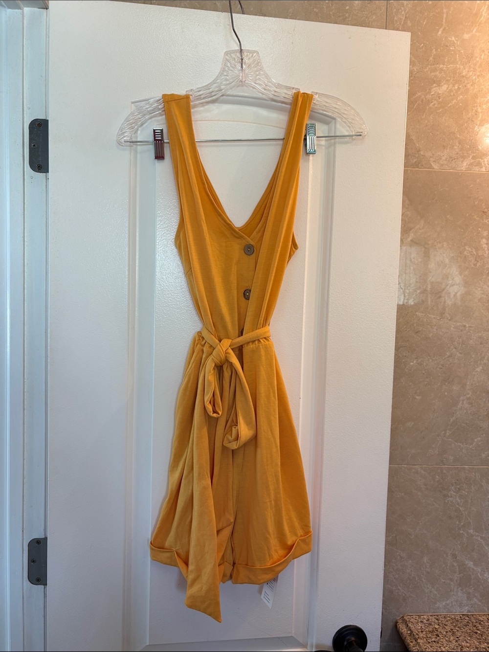 Sleeveless V-Neck Tie-Waist one piece short set in Mustard
